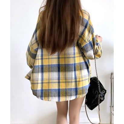 チェックシャツ ゆるシャツ 羽織り オーバーサイズ 大きいサイズ ビッグサイズ ブラウス トップス 長袖 柄 （イエロー×ネイビー）｜詳細画像