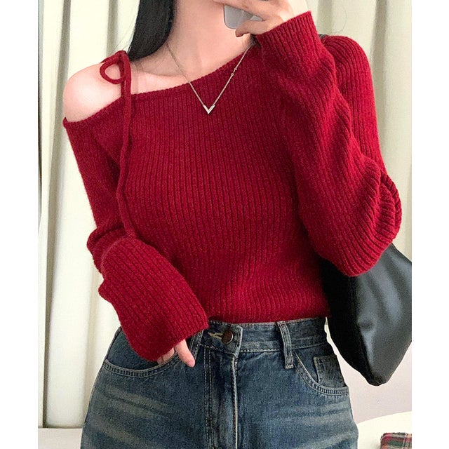 リボンワンショルニット リブニット リブ編み ワンショルダー セーター Tシャツ カットソー プルオーバー トップス 長袖 無地 （レッド）
