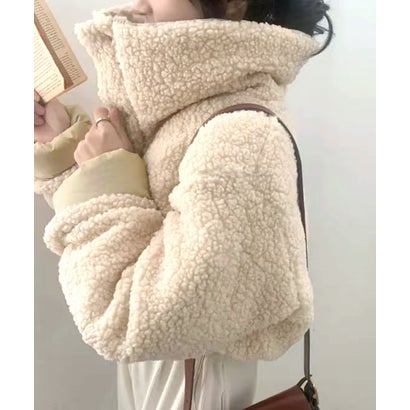 ボアジャケット リバーシブル 2WAY ショート丈 ダウン ファイバー 中綿 ショートブルゾン コート ジャケット アウター 長袖 無地 ホワイト ベージュ ブラック フリーサイズ 秋 秋服 冬 冬服 （ベージュ）｜詳細画像