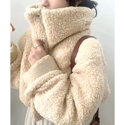ボアジャケット リバーシブル 2WAY ショート丈 ダウン ファイバー 中綿 ショートブルゾン コート ジャケット アウター 長袖 無地 ホワイト ベージュ ブラック フリーサイズ 秋 秋服 冬 冬服 （ベージュ）｜詳細画像