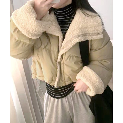 ボアジャケット リバーシブル 2WAY ショート丈 ダウン ファイバー 中綿 ショートブルゾン コート ジャケット アウター 長袖 無地 ホワイト ベージュ ブラック フリーサイズ 秋 秋服 冬 冬服 （ベージュ）｜詳細画像