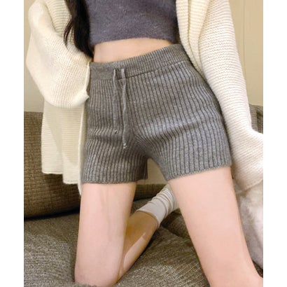 リブニットショートパンツ 短パン ショート丈 ショーパン ミニ丈 ズボン ボトム パンツ 部屋着 ルームウェア パジャマ 無地 （グレー）｜詳細画像