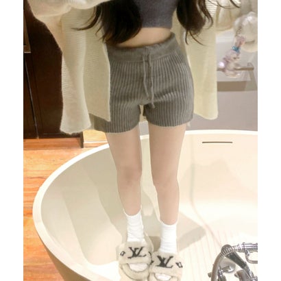 リブニットショートパンツ 短パン ショート丈 ショーパン ミニ丈 ズボン ボトム パンツ 部屋着 ルームウェア パジャマ 無地 （グレー）｜詳細画像