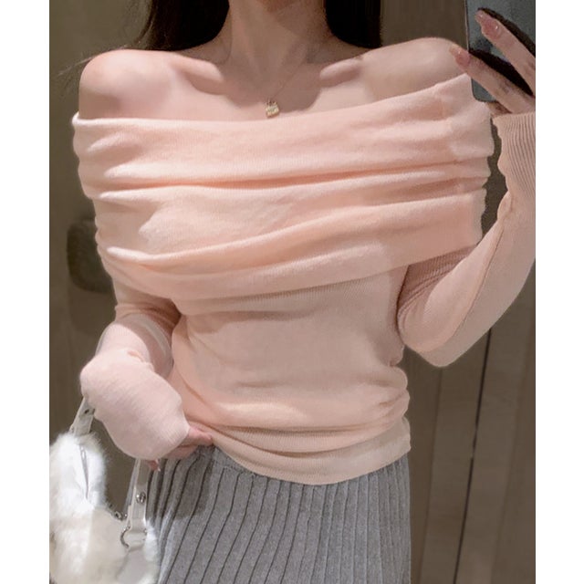 オフショルニット オフショルダー セーター Tシャツ カットソー プルオーバー トップス 長袖 無地 （ピンク）