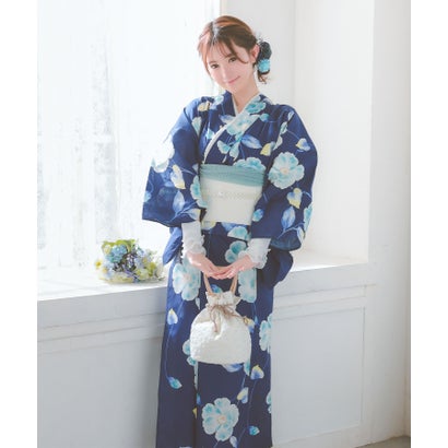 浴衣レディース青地 水彩 シャクナゲ セパレート ゆかた2点セット 浴衣作り帯 （ブルー）｜詳細画像