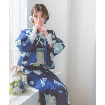 浴衣レディース青地 水彩 シャクナゲ セパレート ゆかた2点セット 浴衣作り帯 （ブルー）｜詳細画像