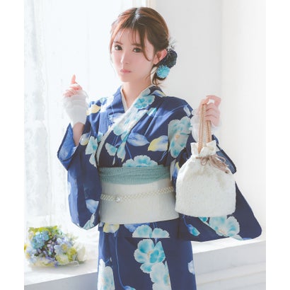 浴衣レディース青地 水彩 シャクナゲ セパレート ゆかた2点セット 浴衣作り帯 （ブルー）｜詳細画像