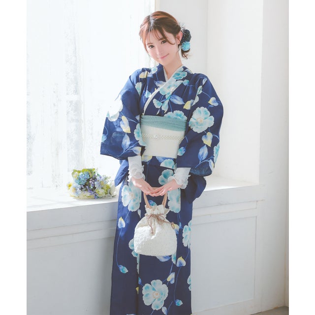 浴衣レディース青地 水彩 シャクナゲ セパレート ゆかた2点セット 浴衣作り帯 （ブルー）