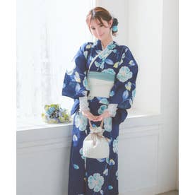 浴衣レディース青地 水彩 シャクナゲ セパレート ゆかた2点セット 浴衣作り帯 （ブルー）