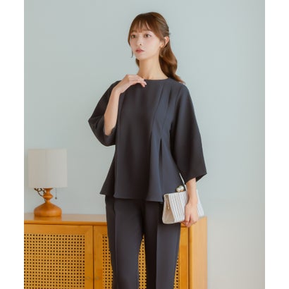 パーティー ドレス 二次会 袖ありペプラムシルエットトップス×テーパードパンツセットアップ 結婚式 二の腕カバー大きいサイズ 低身長 20代 30代 お呼ばれ 結婚式 （ネイビー）｜詳細画像