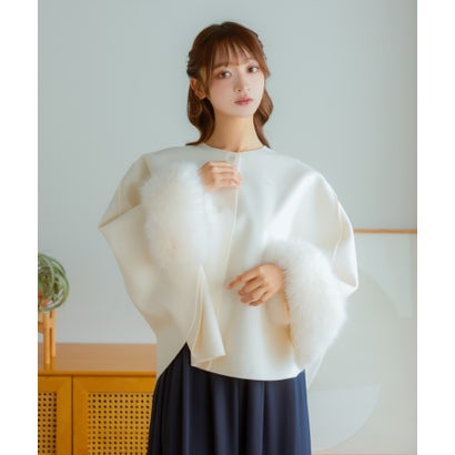 パーティー 結婚式 ケープコート フェイクファー 取り外し可能 ふわふわ ポンチョ （オフホワイト）｜詳細画像