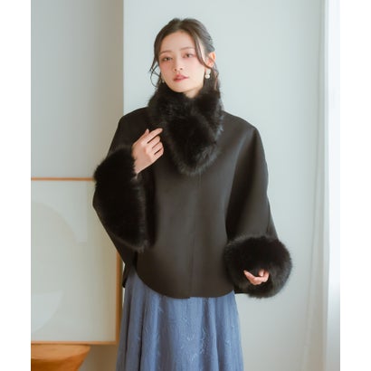 パーティー 結婚式 ケープコート フェイクファー 取り外し可能 ふわふわ ポンチョ （ブラック）｜詳細画像