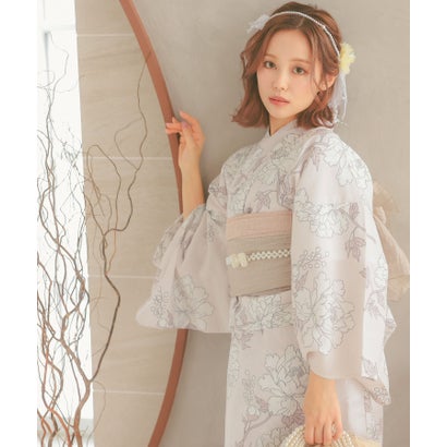 ワンピース 線画フラワー ゆかた3点セット (浴衣羽織+ワンピース+兵児帯)｜詳細画像