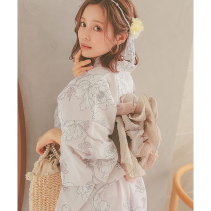 ワンピース 線画フラワー ゆかた3点セット (浴衣羽織+ワンピース+兵児帯)｜詳細画像