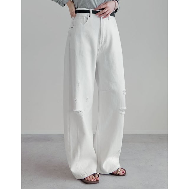 [DENIM COLLECTION][販売枚数9万枚突破] [トレンドNo.1デニム][全骨格美脚見えシルエット][サイズ別/身長別画像あり][低身長/高身長/大きいサイズ有]裾フリンジバレルレッグデニムパンツ（ダメージホワイト）