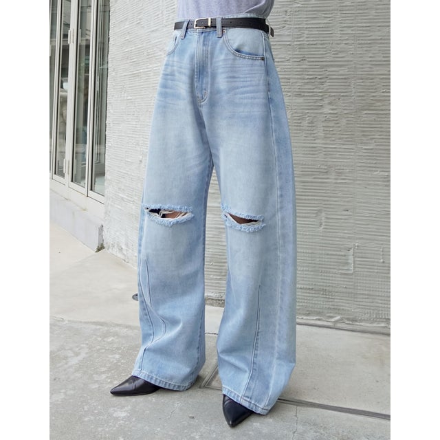 [DENIM COLLECTION][販売枚数9万枚突破] [トレンドNo.1デニム][全骨格美脚見えシルエット][サイズ別/身長別画像あり][低身長/高身長/大きいサイズ有]裾フリンジバレルレッグデニムパンツ（スリットブルー）