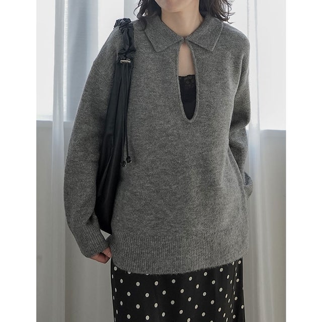 アルパカタッチホック付きニットトップス （グレー）