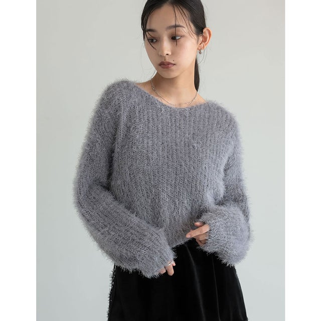 Vネックプードルシャギーニットトップス （グレー）