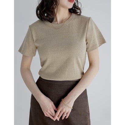 [新色追加][累計販売枚数2.3万枚突破][華奢見えリブTシャツ]テレコリブクルーネック半袖Tシャツ （ベージュ）｜詳細画像