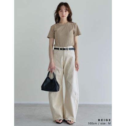 [新色追加][累計販売枚数2.3万枚突破][華奢見えリブTシャツ]テレコリブクルーネック半袖Tシャツ （ベージュ）｜詳細画像
