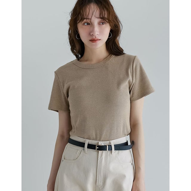 [新色追加][累計販売枚数2.3万枚突破][華奢見えリブTシャツ]テレコリブクルーネック半袖Tシャツ （ベージュ）