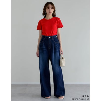 [新色追加][累計販売枚数2.3万枚突破][華奢見えリブTシャツ]テレコリブクルーネック半袖Tシャツ （レッド）｜詳細画像