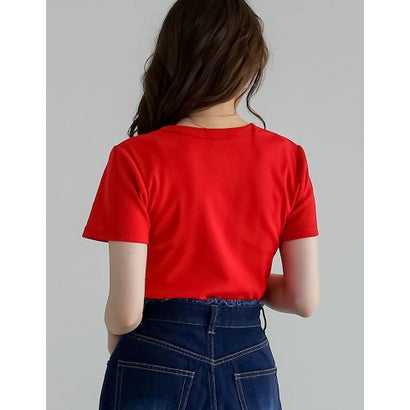 [新色追加][累計販売枚数2.3万枚突破][華奢見えリブTシャツ]テレコリブクルーネック半袖Tシャツ （レッド）｜詳細画像
