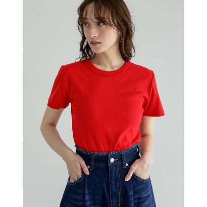 [新色追加][累計販売枚数2.3万枚突破][華奢見えリブTシャツ]テレコリブクルーネック半袖Tシャツ （レッド）｜詳細画像