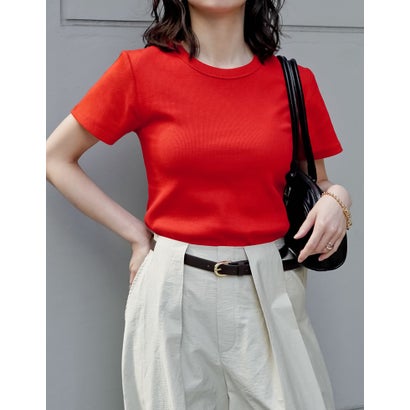 [新色追加][累計販売枚数2.3万枚突破][華奢見えリブTシャツ]テレコリブクルーネック半袖Tシャツ （レッド）｜詳細画像
