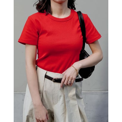 [新色追加][累計販売枚数2.3万枚突破][華奢見えリブTシャツ]テレコリブクルーネック半袖Tシャツ （レッド）｜詳細画像