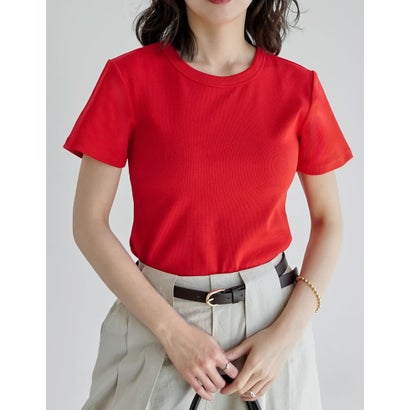 [新色追加][累計販売枚数2.3万枚突破][華奢見えリブTシャツ]テレコリブクルーネック半袖Tシャツ （レッド）｜詳細画像
