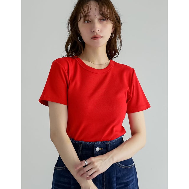 [新色追加][累計販売枚数2.3万枚突破][華奢見えリブTシャツ]テレコリブクルーネック半袖Tシャツ （レッド）