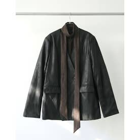 異素材ナロータイ付きフェイクレザーVネックジャケット （ブラック）