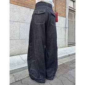 [低身長サイズ有]裾ウエストデザイン立体切り替えバレルデニム （ネイビー）