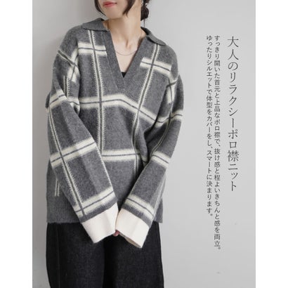 起毛チェックニットポロスキッパートップス （ブルー）｜詳細画像