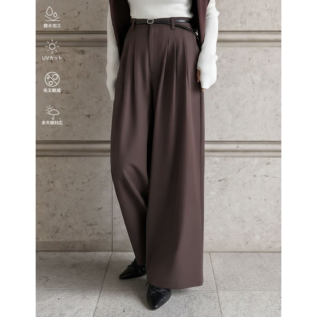 ［撥水加工/アンチピリング/UVカット100%］[低身長/高身長サイズ有]ストレッチツイル3タックワイドストレートパンツ （ブラウン）