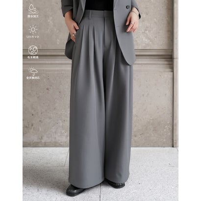 ［撥水加工/アンチピリング/UVカット100%］[低身長/高身長サイズ有]ストレッチツイル3タックワイドストレートパンツ （チャコールグレー）｜詳細画像