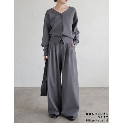 ［撥水加工/アンチピリング/UVカット100%］[低身長/高身長サイズ有]ストレッチツイル3タックワイドストレートパンツ （チャコールグレー）｜詳細画像