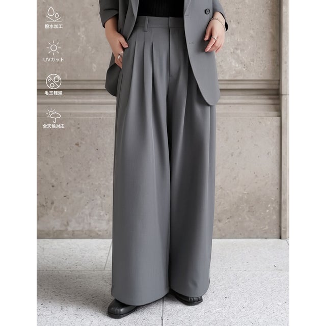 ［撥水加工/アンチピリング/UVカット100%］[低身長/高身長サイズ有]ストレッチツイル3タックワイドストレートパンツ （チャコールグレー）