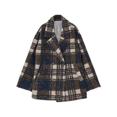 [OUTER COLLECTION]リングボア先染めチェックミドルチェスターコート （ネイビー）｜詳細画像