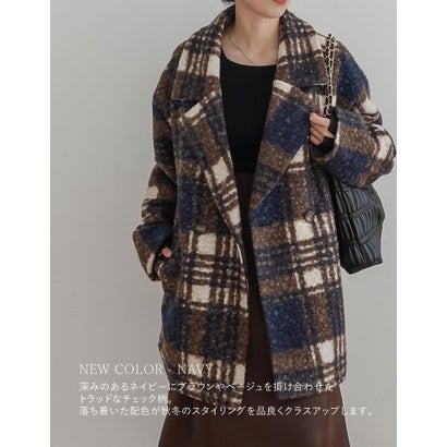 [OUTER COLLECTION]リングボア先染めチェックミドルチェスターコート （ネイビー）｜詳細画像
