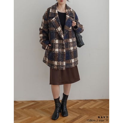 [OUTER COLLECTION]リングボア先染めチェックミドルチェスターコート （ネイビー）｜詳細画像