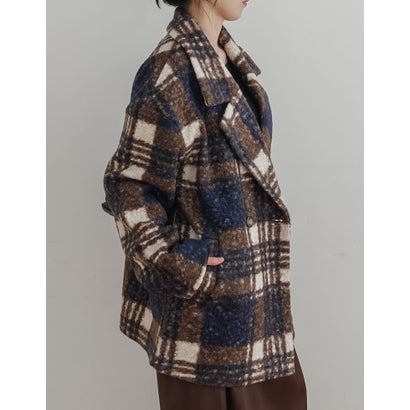 [OUTER COLLECTION]リングボア先染めチェックミドルチェスターコート （ネイビー）｜詳細画像