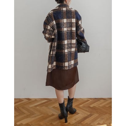 [OUTER COLLECTION]リングボア先染めチェックミドルチェスターコート （ネイビー）｜詳細画像