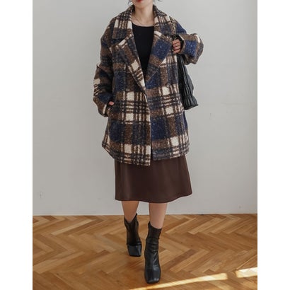 [OUTER COLLECTION]リングボア先染めチェックミドルチェスターコート （ネイビー）｜詳細画像