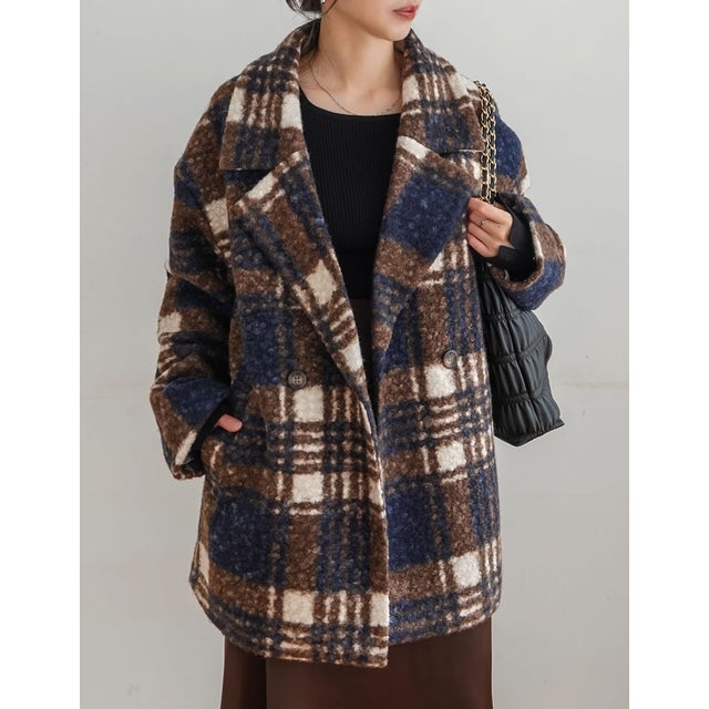 [OUTER COLLECTION]リングボア先染めチェックミドルチェスターコート （ネイビー）