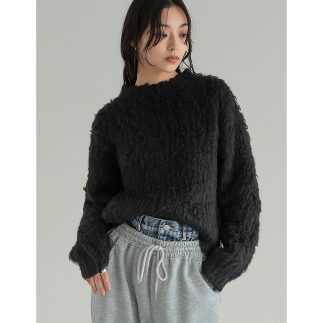 [TREND ITEM COLLECTION]ウェーブブラッシュシャギーニットトップス （ブラック）