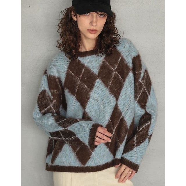 [TREND ITEM COLLECTION]アーガイルニットクルーネックプルオーバー （ブルー）