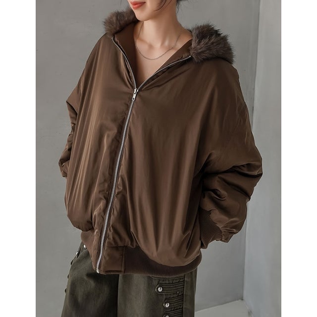 [OUTER COLLECTION]フェイクファーフードMA-1中綿ブルゾン （ブラウン）