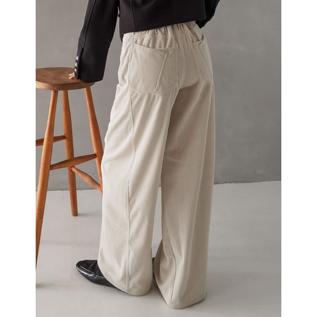 [TREND BOTTOM COLLECTION][低身長/高身長サイズ有]コーデュロイサイド切り替えバックポケットバレルレッグパンツ （アイボリーベージュ）